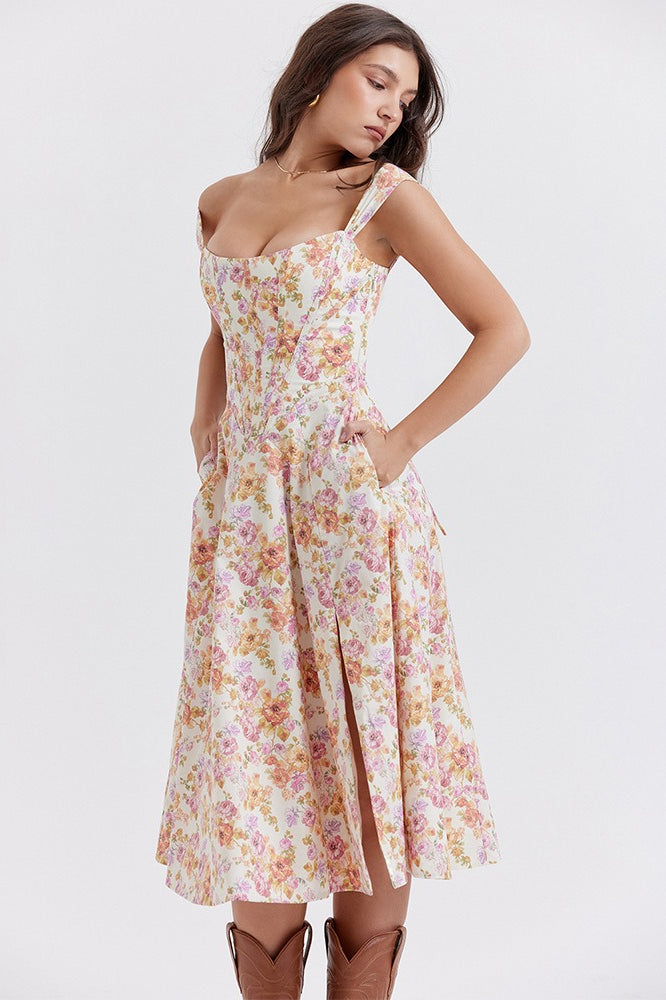 Floral Print Sweetheart Corset A-Line Midi Dress