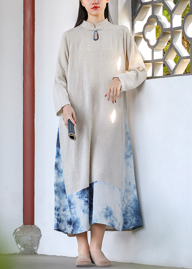 Tie Dye Mandarin Collar Paneled Long Sleeve Midi Dress