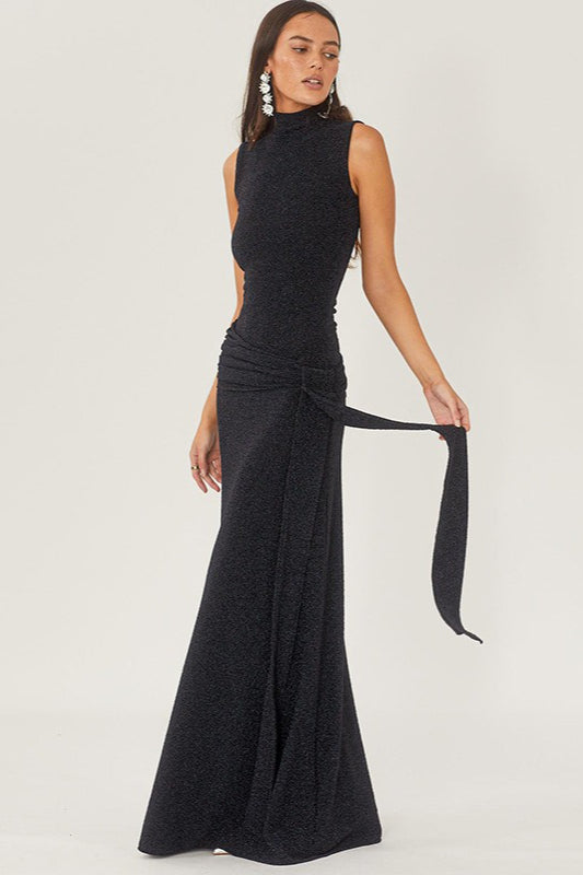 Glitter Mock Neck Sleeveless Ruched Hip Column Maxi Party Gown