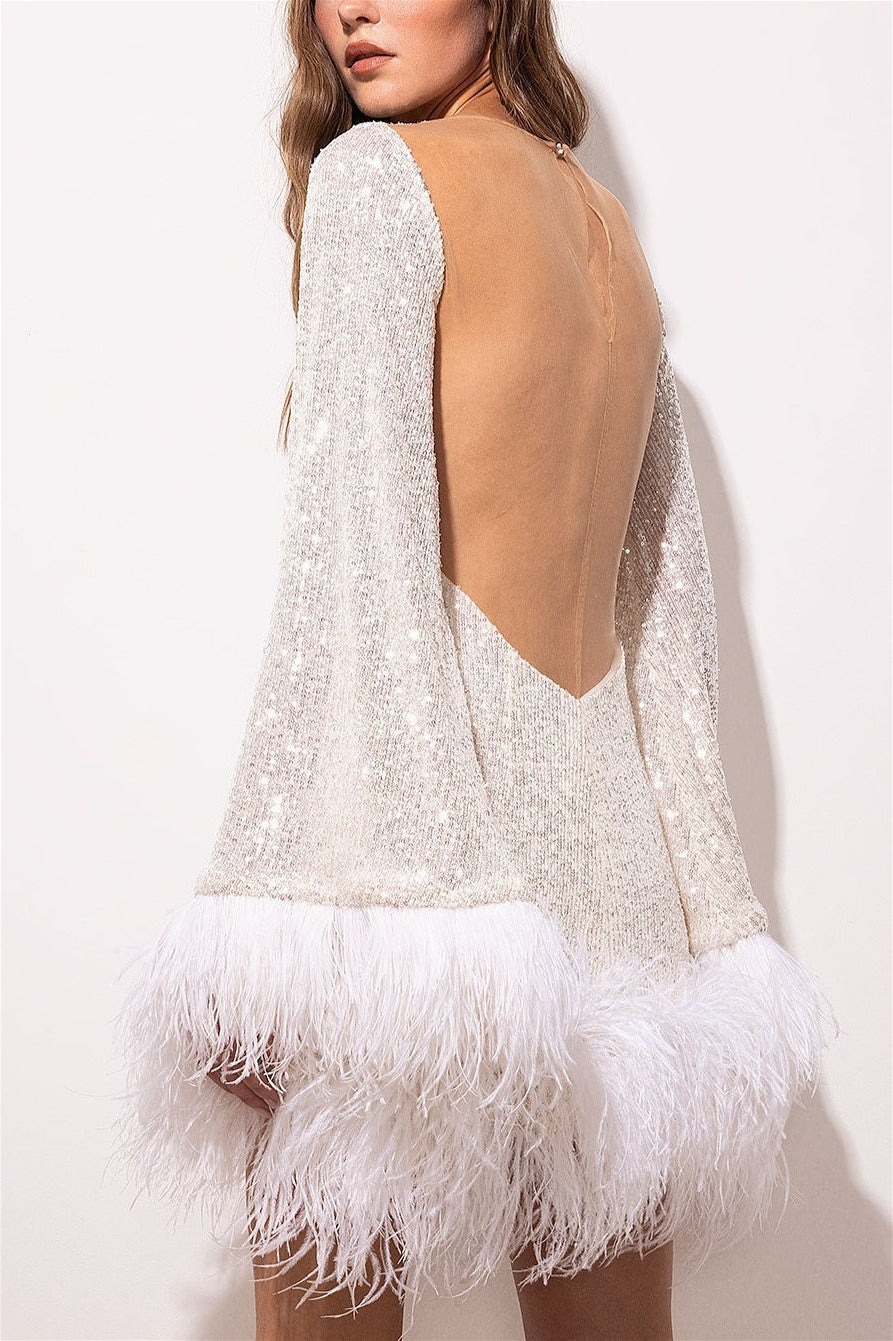Sequin Knit Long Sleeve Feather Trim Mini Dress