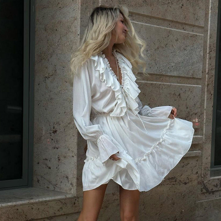 Ruffle Deep V-Neck Flounce Long Sleeve Tiered Mini Dress 2
