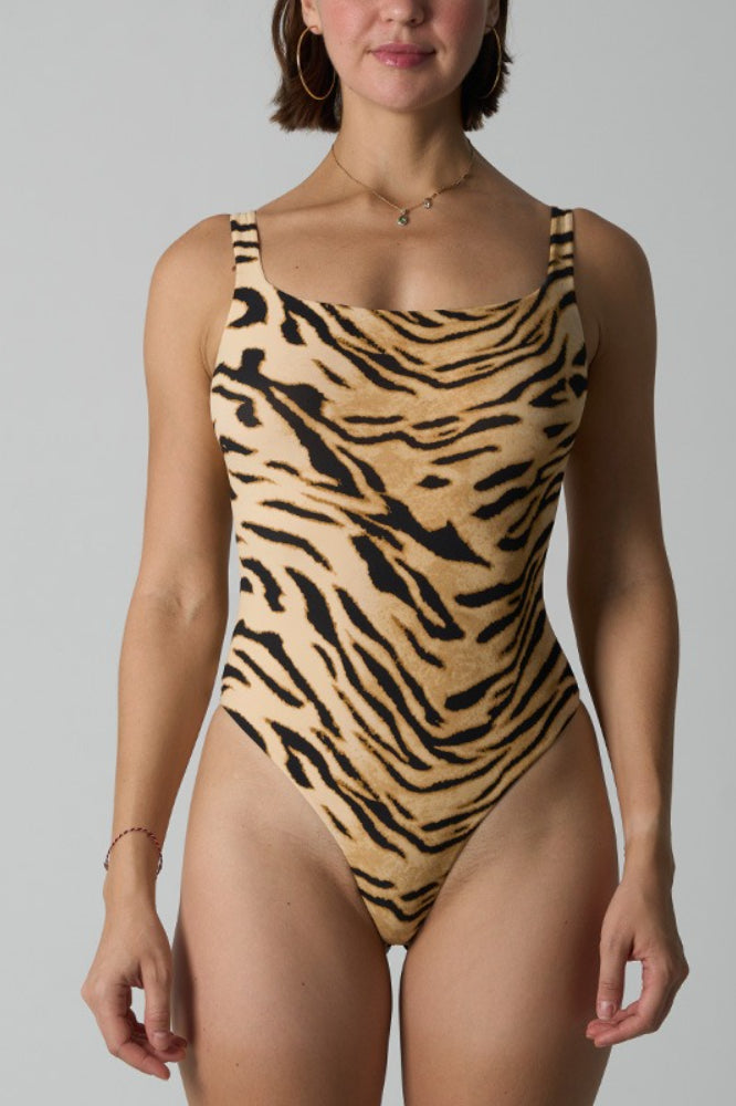 Tiger Print Square Neck Sleeveless Tank Bodysuit