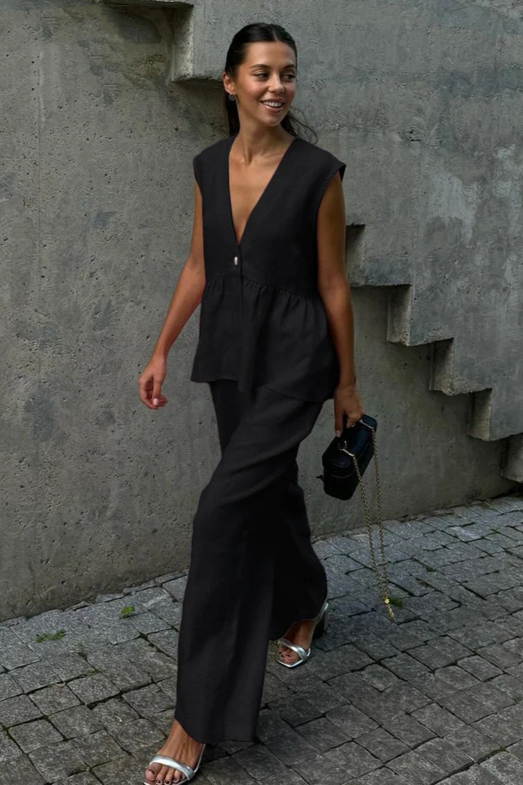 V-Neck Sleeveless Peplum Vest and Wide Leg Pants Two Piece Set 9