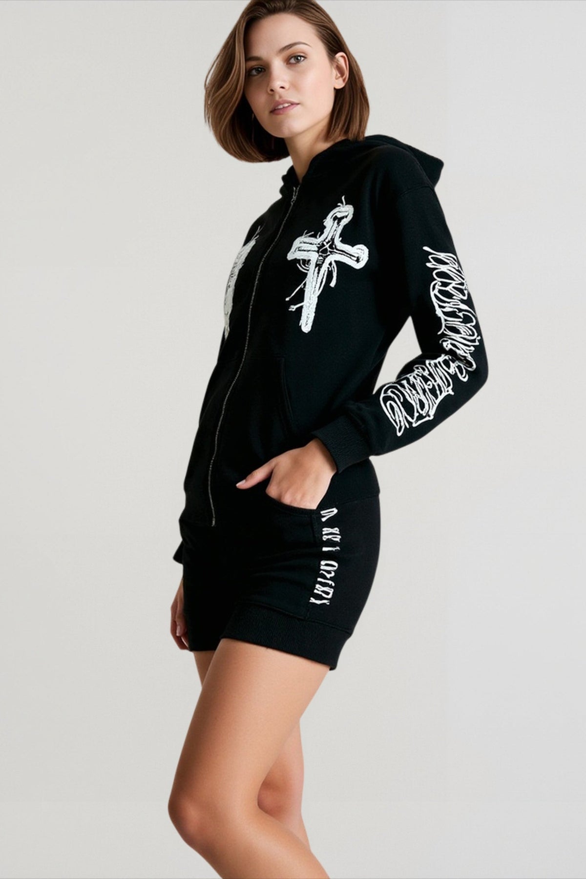 Cross Graphic Print Zip Front Kangaroo Pocket Hooded Sweatshirt 3