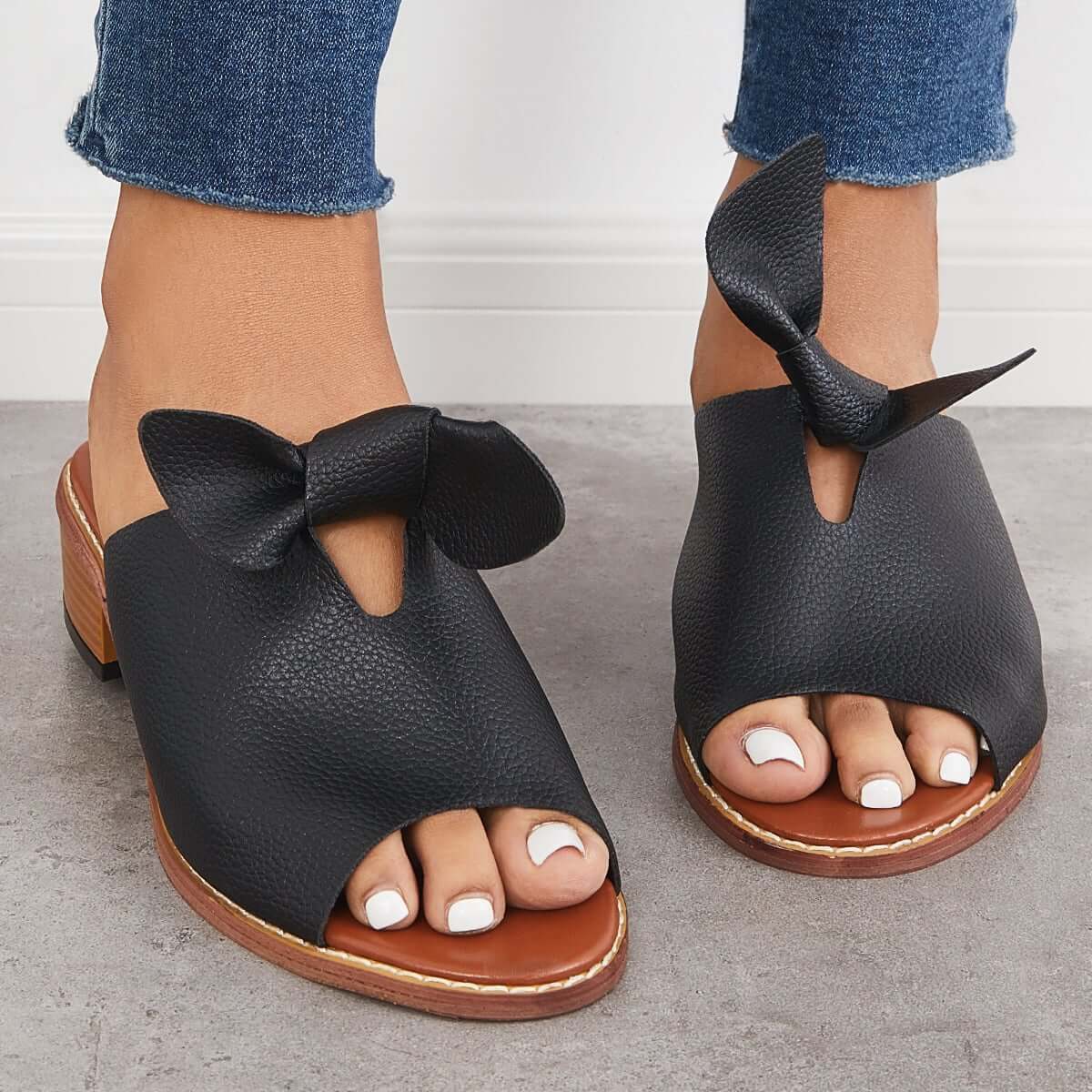 Womens Fashion Peep Toe Low Heel Bow Slippers