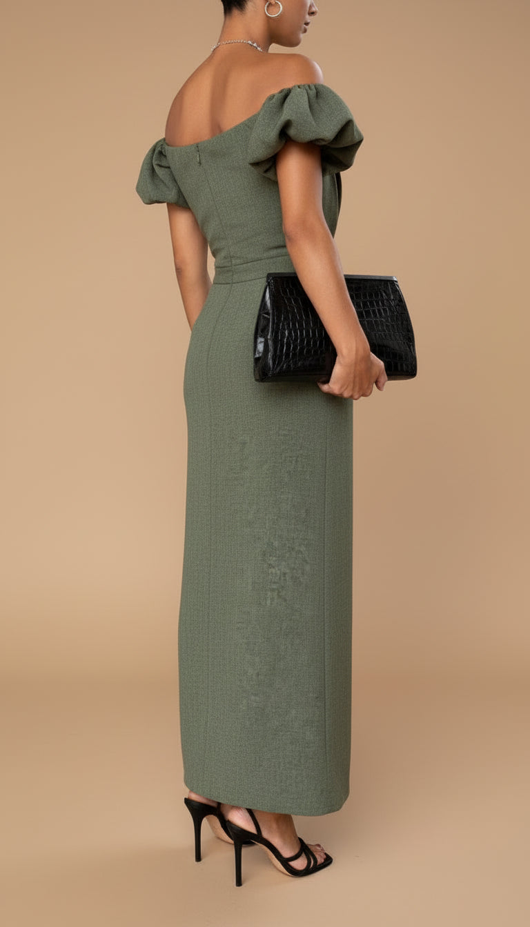 Off Shoulder Puff Sleeve Pleated Bodice Column Maxi Dress