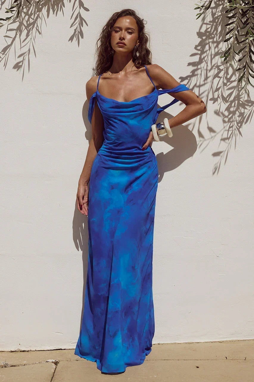 Tie Dye Print Cowl Neck Off Shoulder Strap Ruched Maxi Dress 6