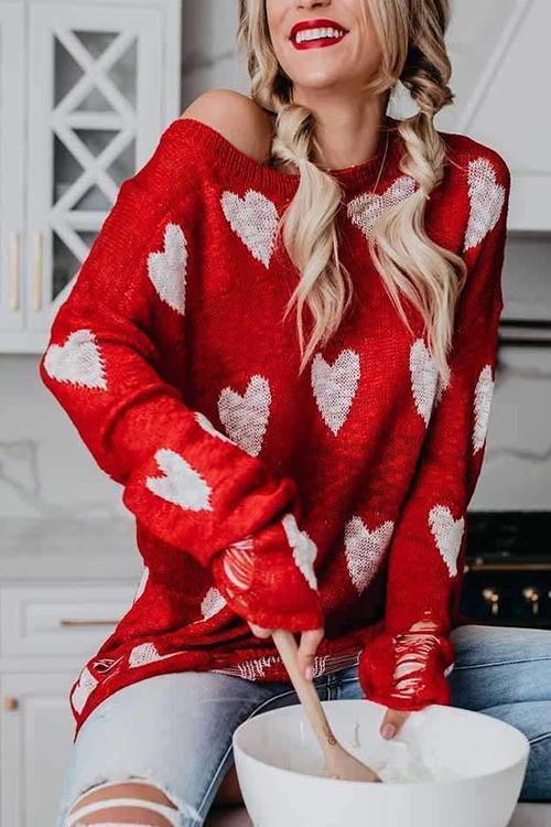 Heart Print Off Shoulder Sweater