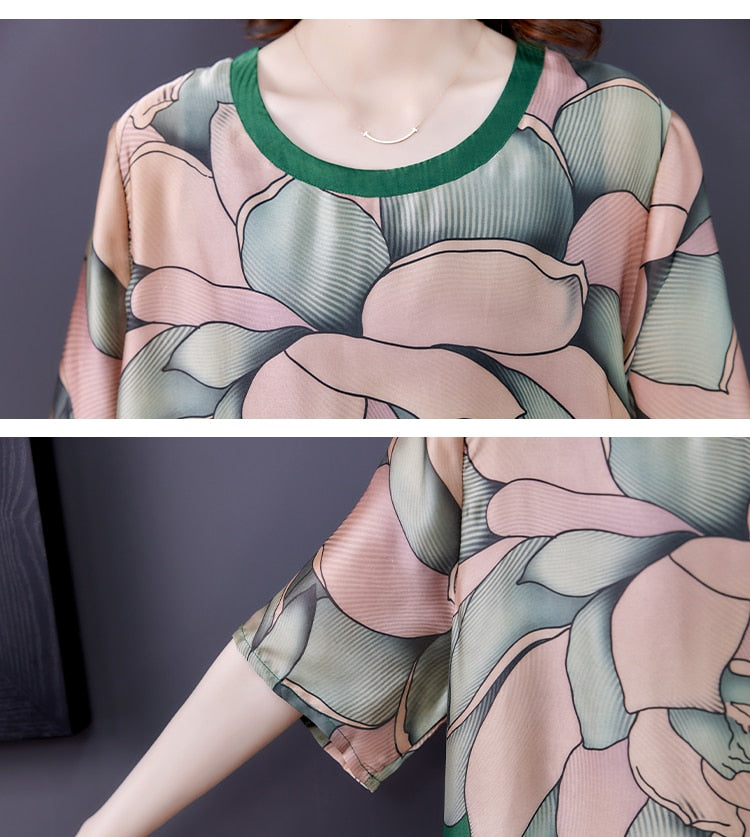 Floral Print Round Neck Short Sleeve Sheer Layered Loose A-Line Midi Dress