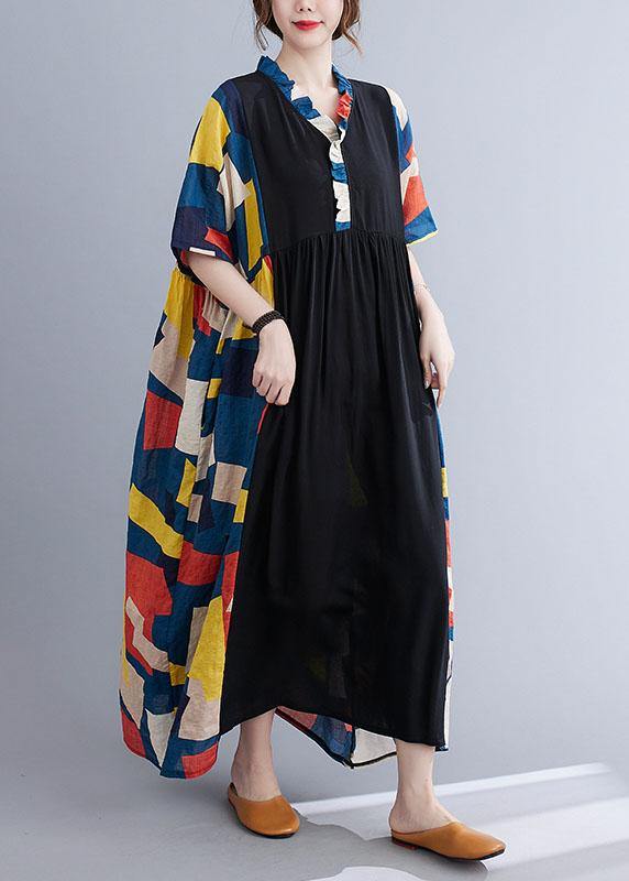 Colorblock Patchwork Ruffle Collar Button Front Empire Waist Maxi Dress