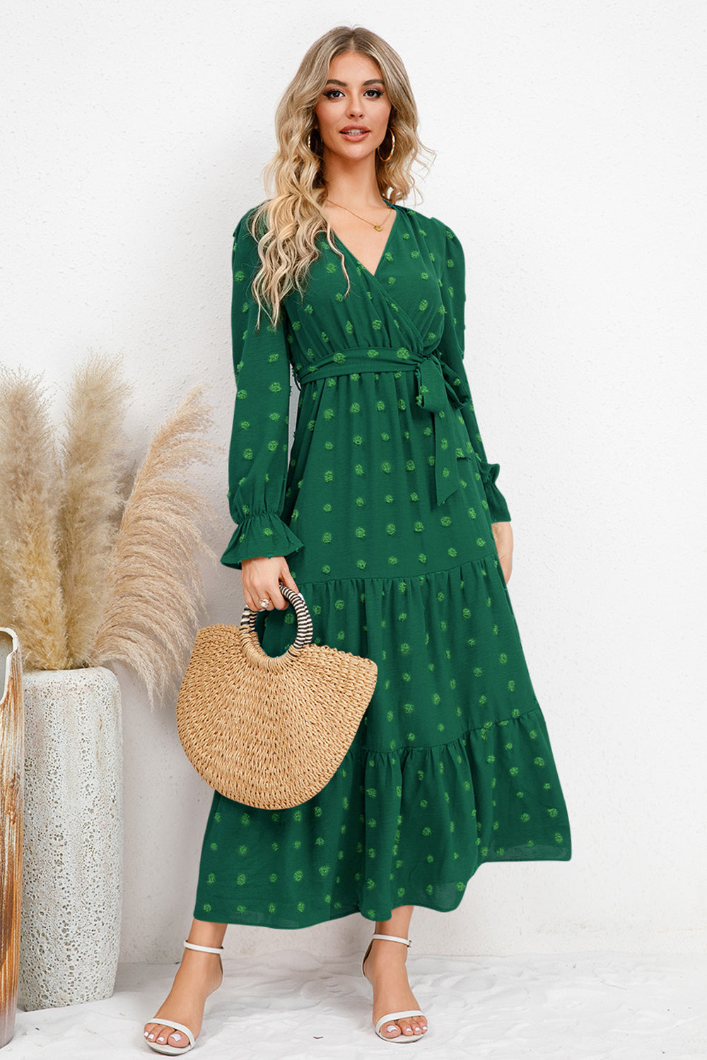 Swiss Dot Tied Surplice Flounce Sleeve Dress Green