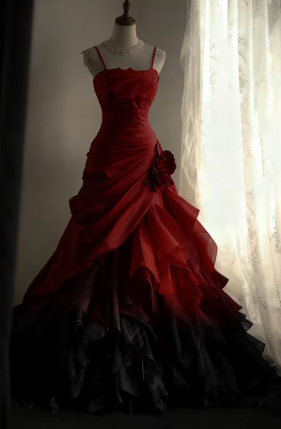 Burgundy Black Long Prom Dress Pleaded Evening Dress