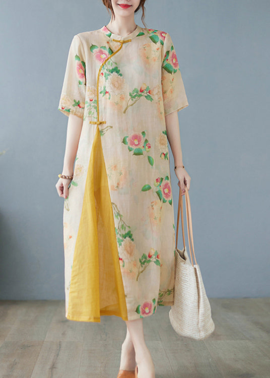 Floral Print Mandarin Collar Frog Closure Asymmetric Panel Short Sleeve Midi Dress