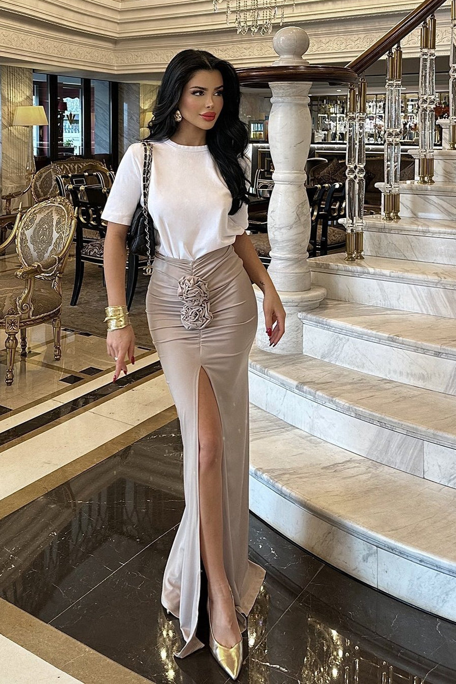 Solid Color 3D Floral Slit Draped Skirt