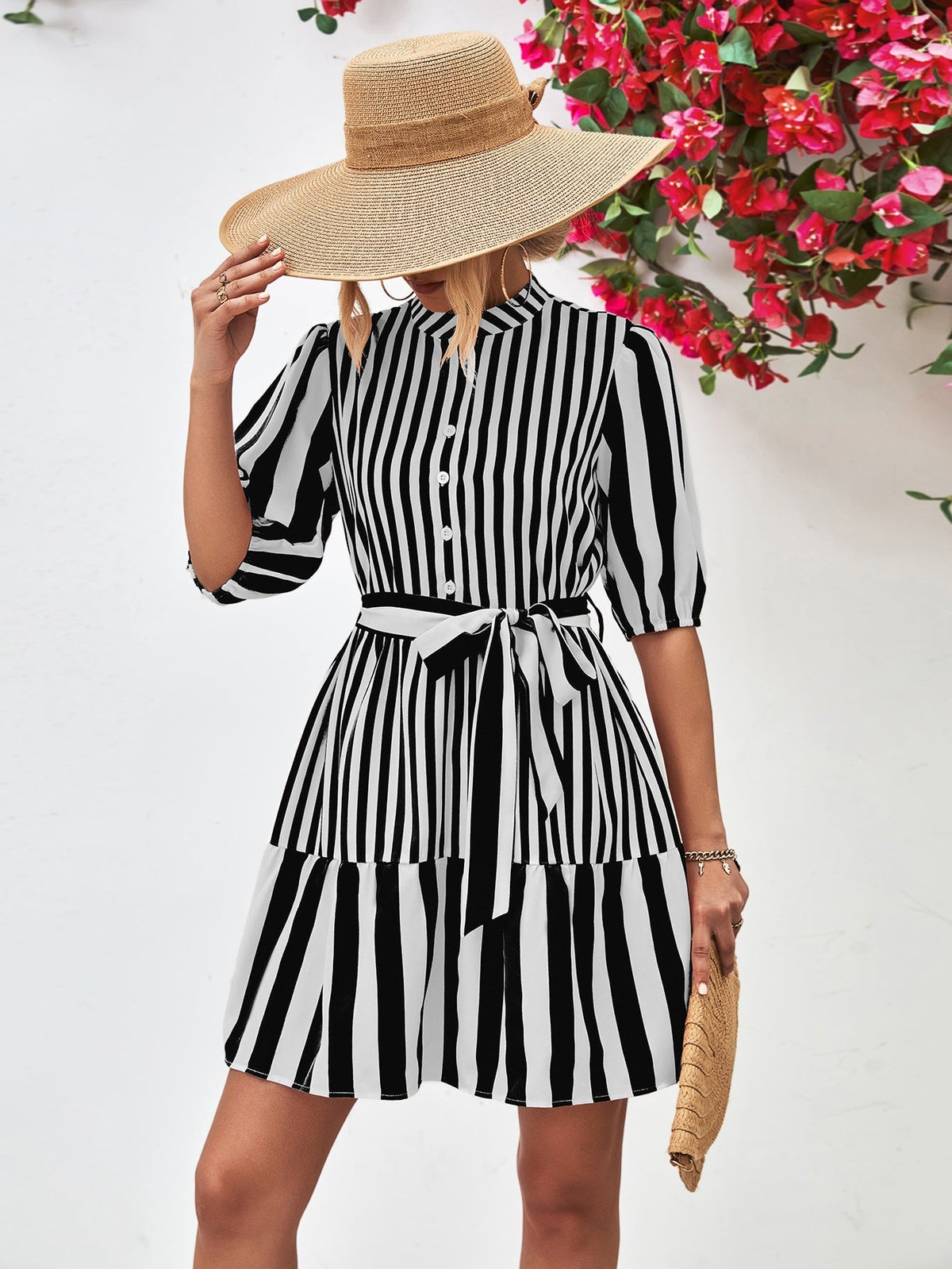 Striped Puff Sleeve Button Front Belted Ruffle Hem Mini Dress 13