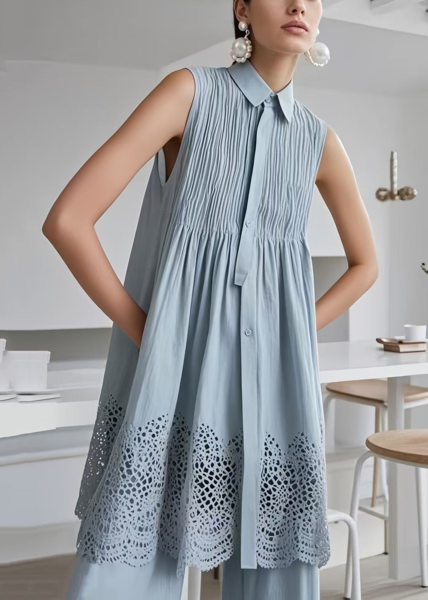 Collar Button Down Pintuck Pleated Babydoll Eyelet Hem Sleeveless Mini Dress