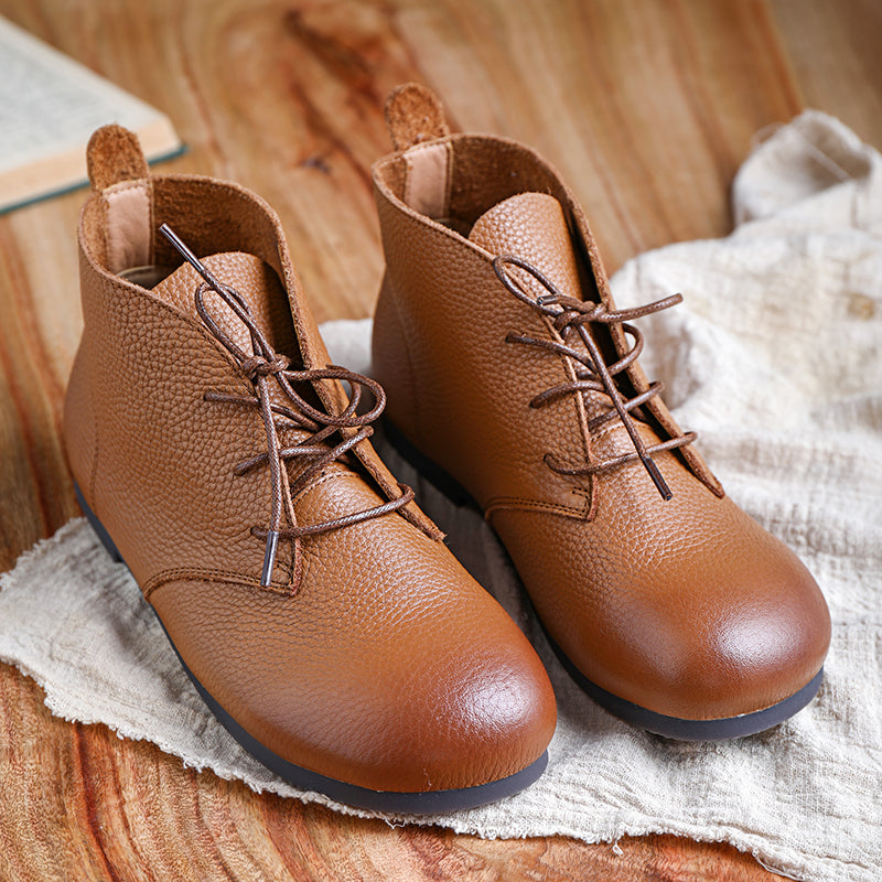 Brush-Off Leather Boots Lace-Up Soft Ankle Booties Casual Work Combat Boots Coffee/Brown
