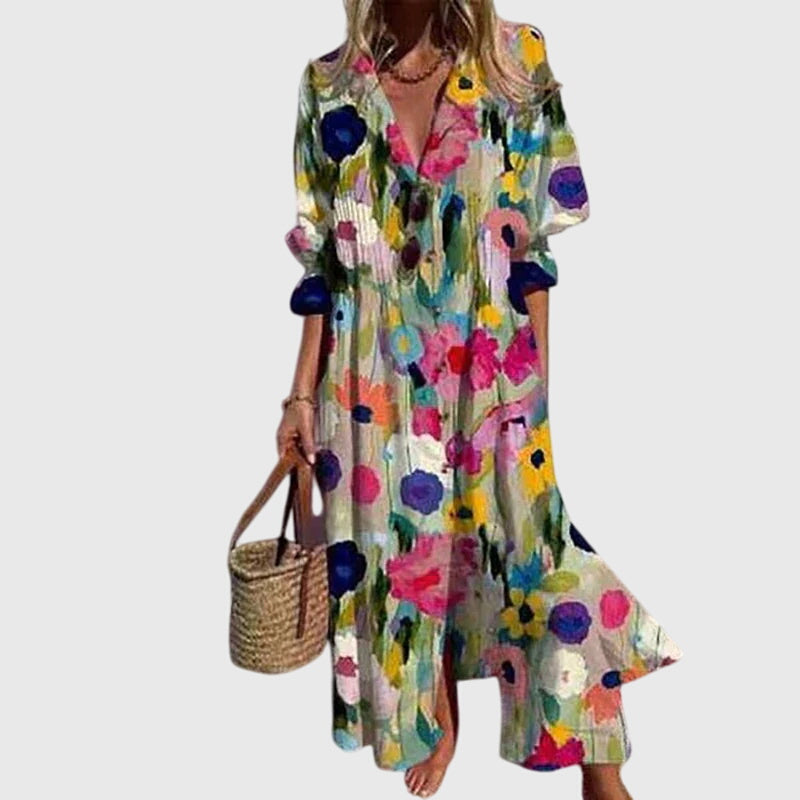 Watercolor Floral Print Split Neck Long Sleeve Maxi Dress