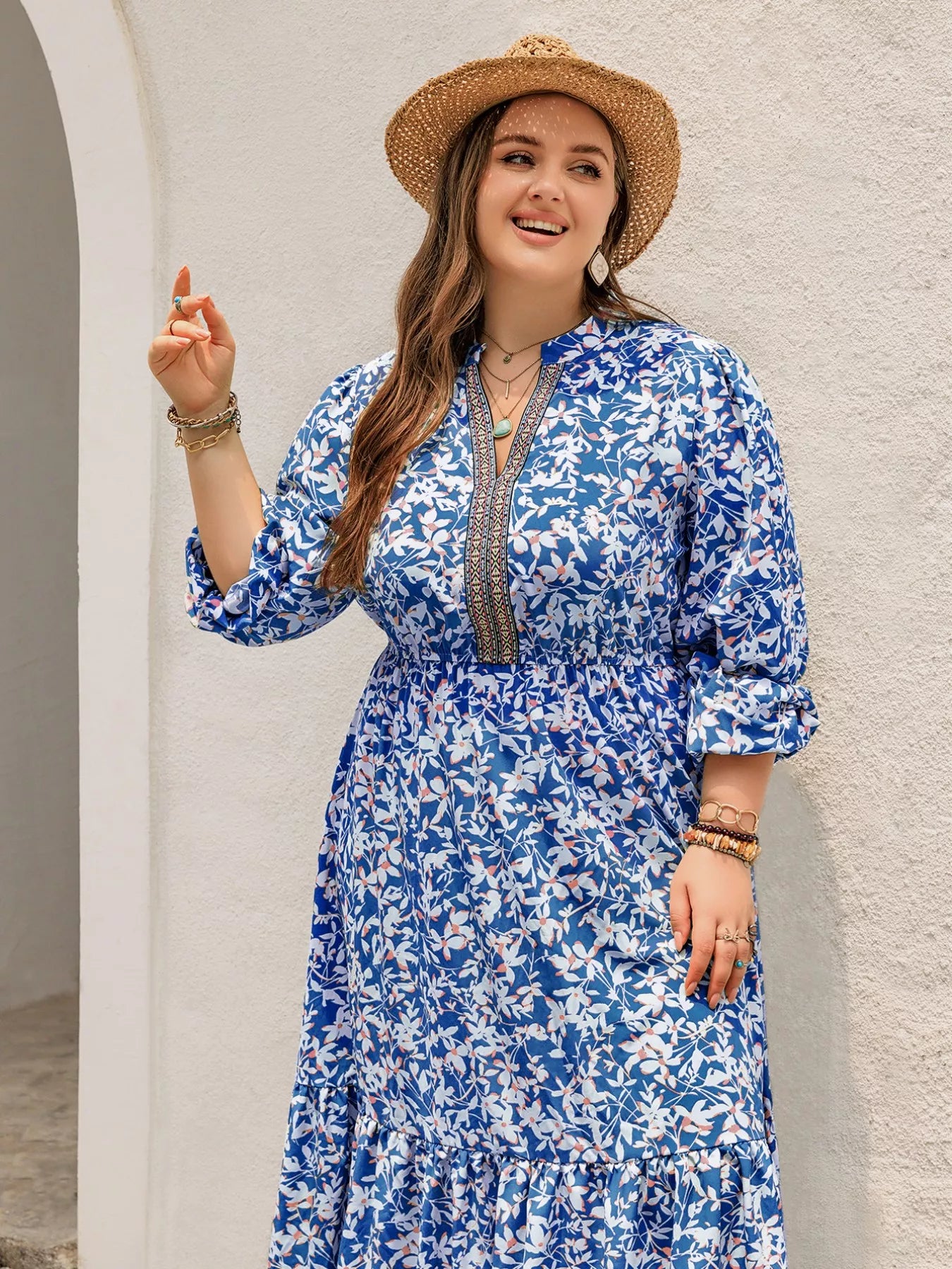 Plus Size Floral Print Bohemian Maxi Dress Blue