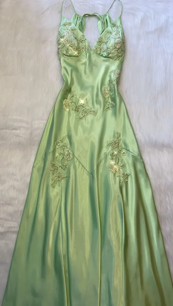 Spaghetti Straps Mint Green Lace Beaded Prom Dress Evening Dress cc1417