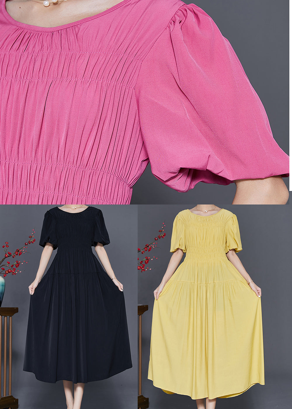 Smocked Bodice Scoop Neck Puff Sleeve Tiered A-Line Maxi Dress