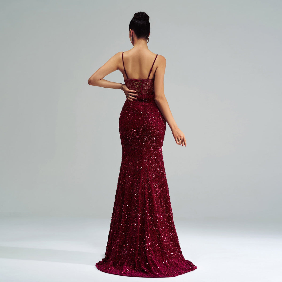 Sequin Sheer Lace Corset Bodice Spaghetti Strap High Split Maxi Dress 5
