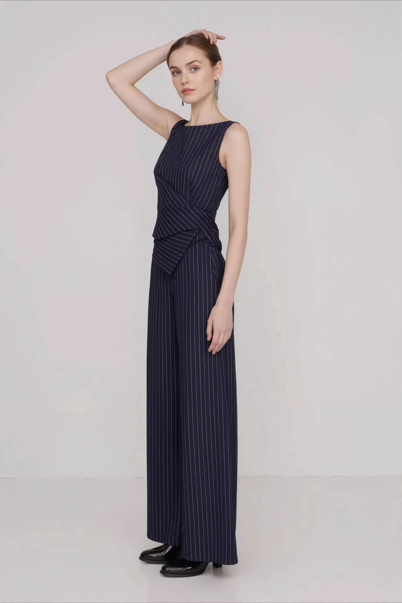 Stripe Asymmetric Sleeveless Top Straight Work Set