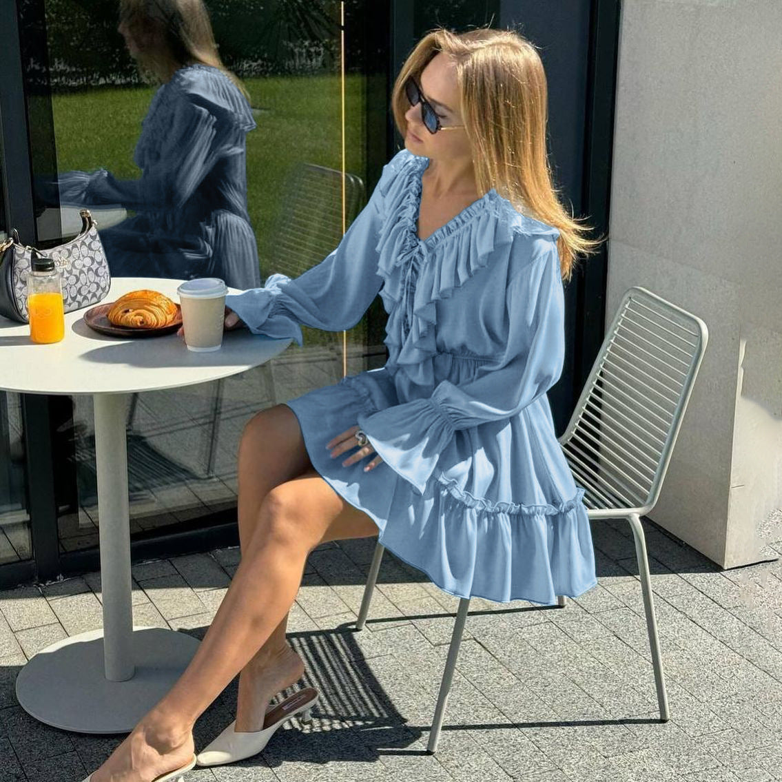 Ruffle Deep V-Neck Flounce Long Sleeve Tiered Mini Dress 13