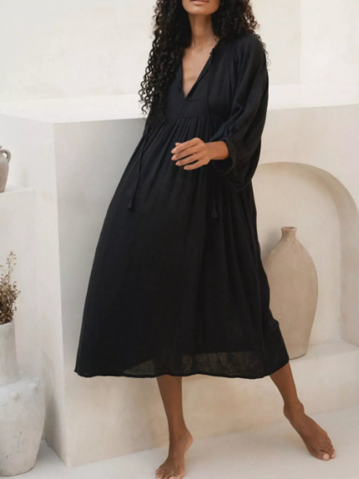 Split V-Neck Tie Neck Puff Sleeve Smock Midi Dress 13