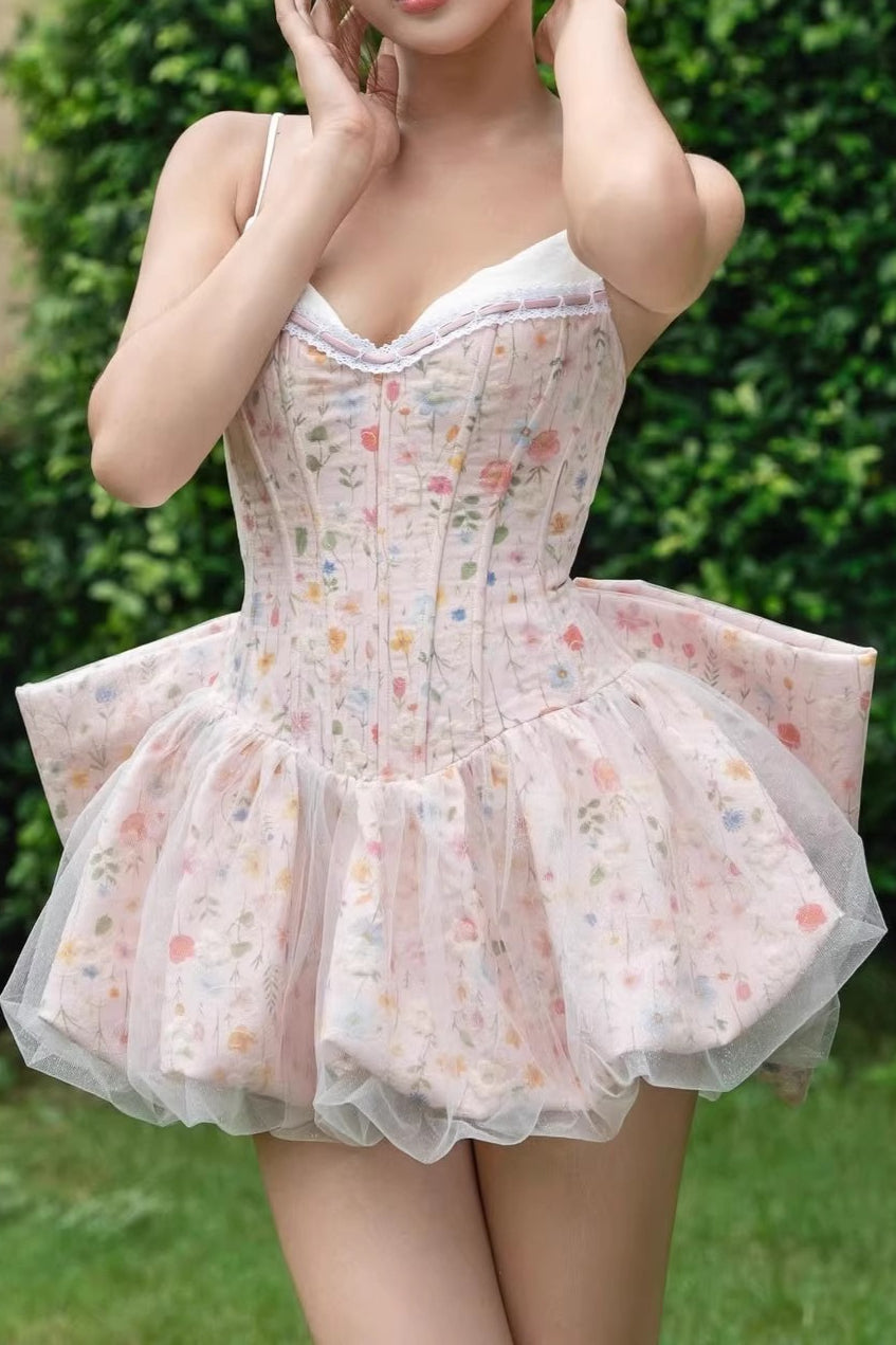 Floral Corset Spaghetti Strap Tulle Bubble Hem Mini Dress