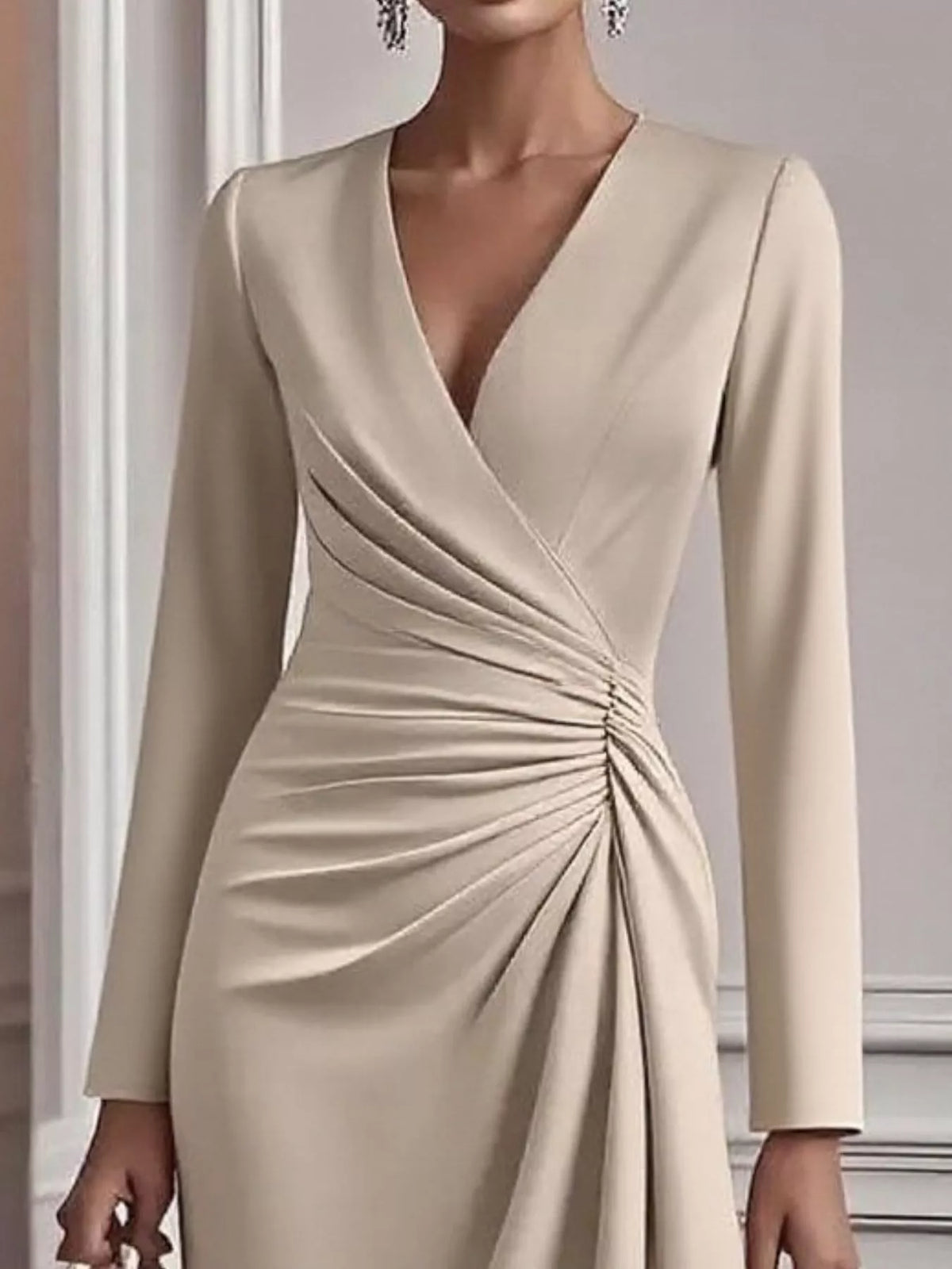 Satin Surplice V-Neck Long Sleeve Ruched Side Wrap Midi Dress 5