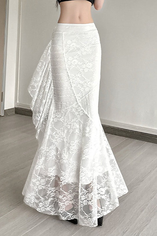 Lace Overlay Low Rise Side Ruffle Mermaid Maxi Skirt 4