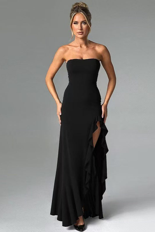 Strapless Ruffle High Slit High Low Maxi Dress