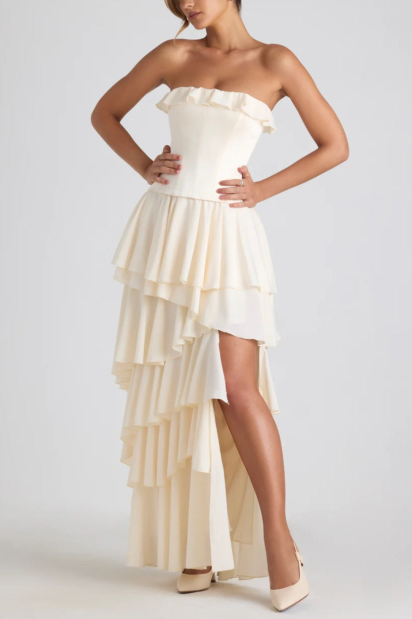 Spliced Ruffled Sling Split Shaped Maxi Boho Dress