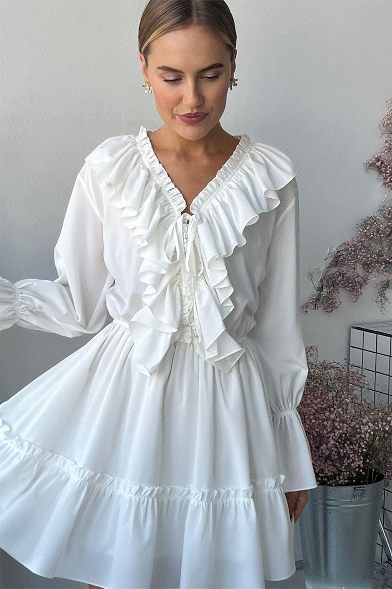 Chiffon V Neck Flared Sleeve Mini Dress - View 4