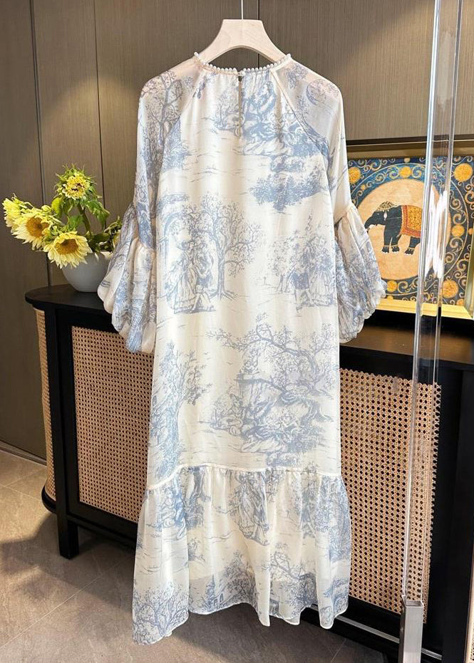 Toile Print Pearl Trim Crew Neck Balloon Sleeve Tiered Ruffle Chiffon Midi Dress