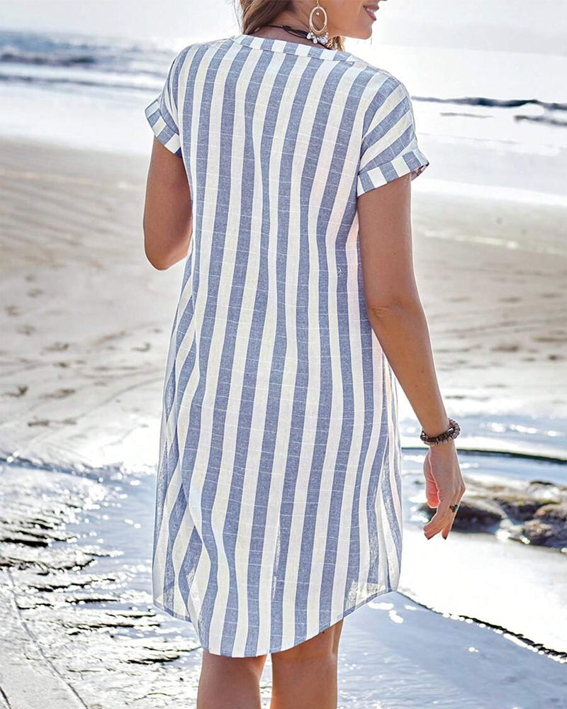 Striped Button Front Short Sleeve Mini Shirt Dress