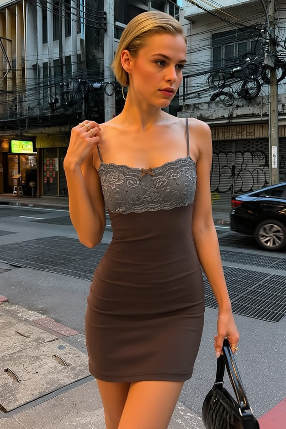Lace Bustier Tie Back Bow Bodycon Slip Dress