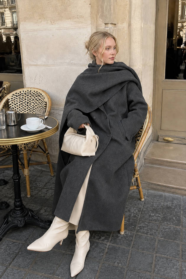 Double Breasted Scarf Neck Longline Wool Look Overcoat 4