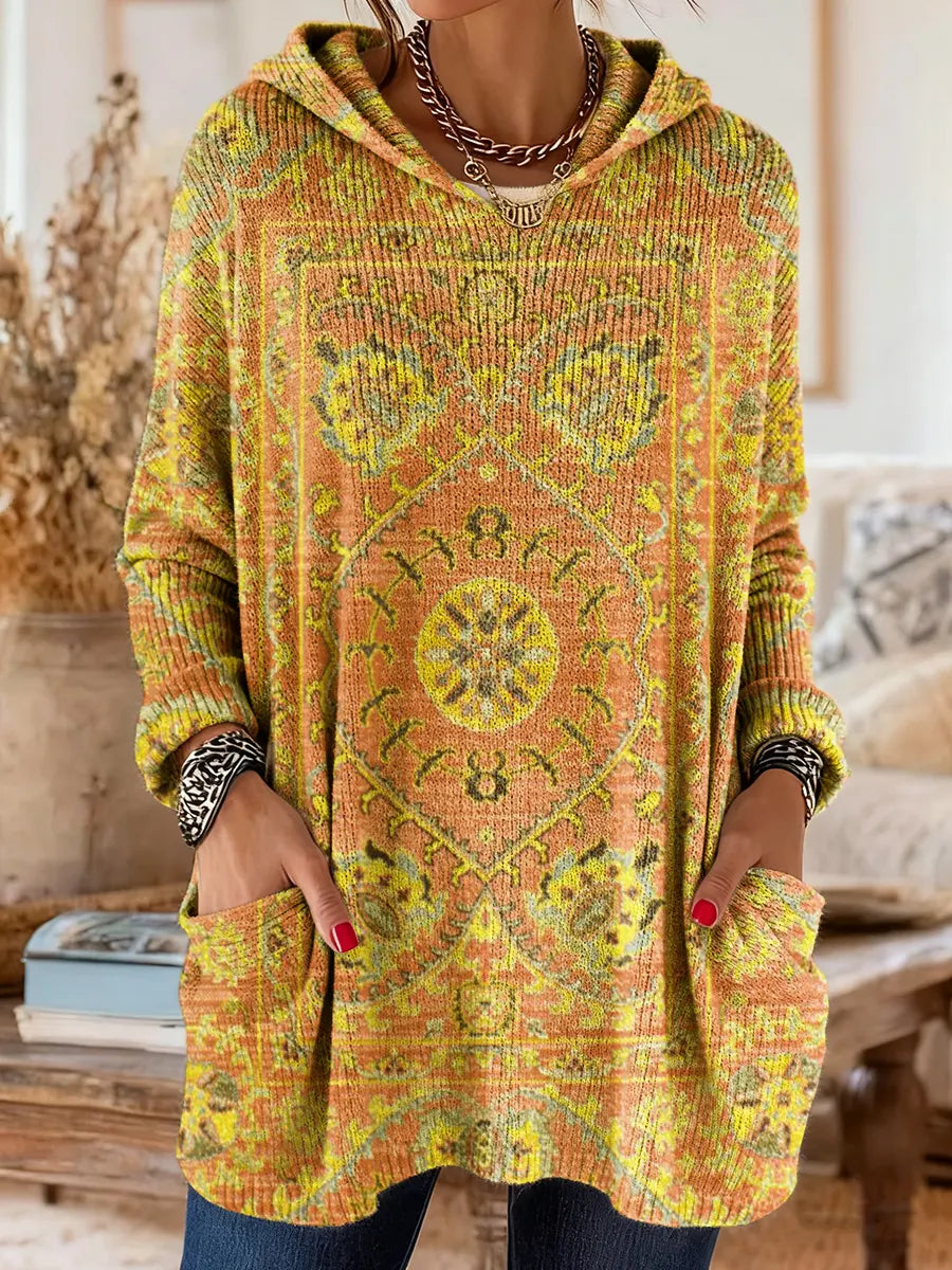 Medallion Print Hooded Oversized Tunic Sweater