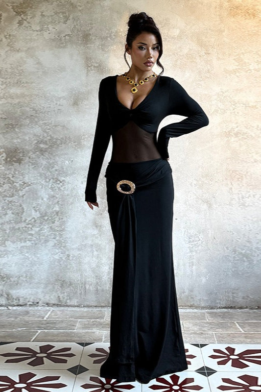 Deep V Mesh Panel Maxi Dress