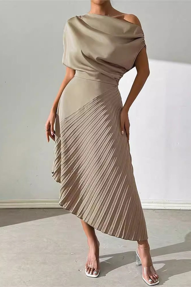 Satin One Shoulder Ruched Pleated Asymmetric Midi Dress