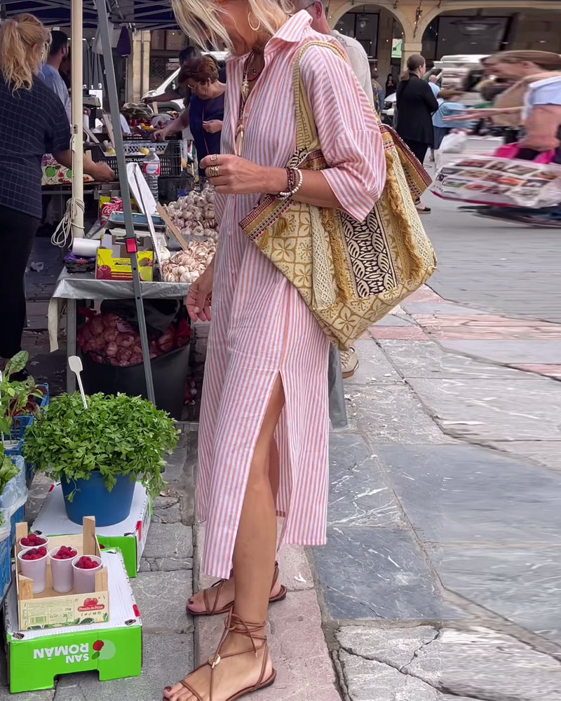 Striped Button Down Collared Three Quarter Sleeve High Split Maxi Shirt Dress