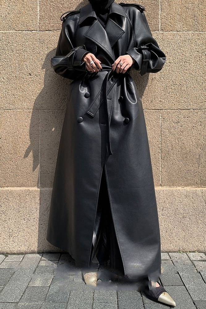 Layered PU Leather WaistCinching Long Overcoat