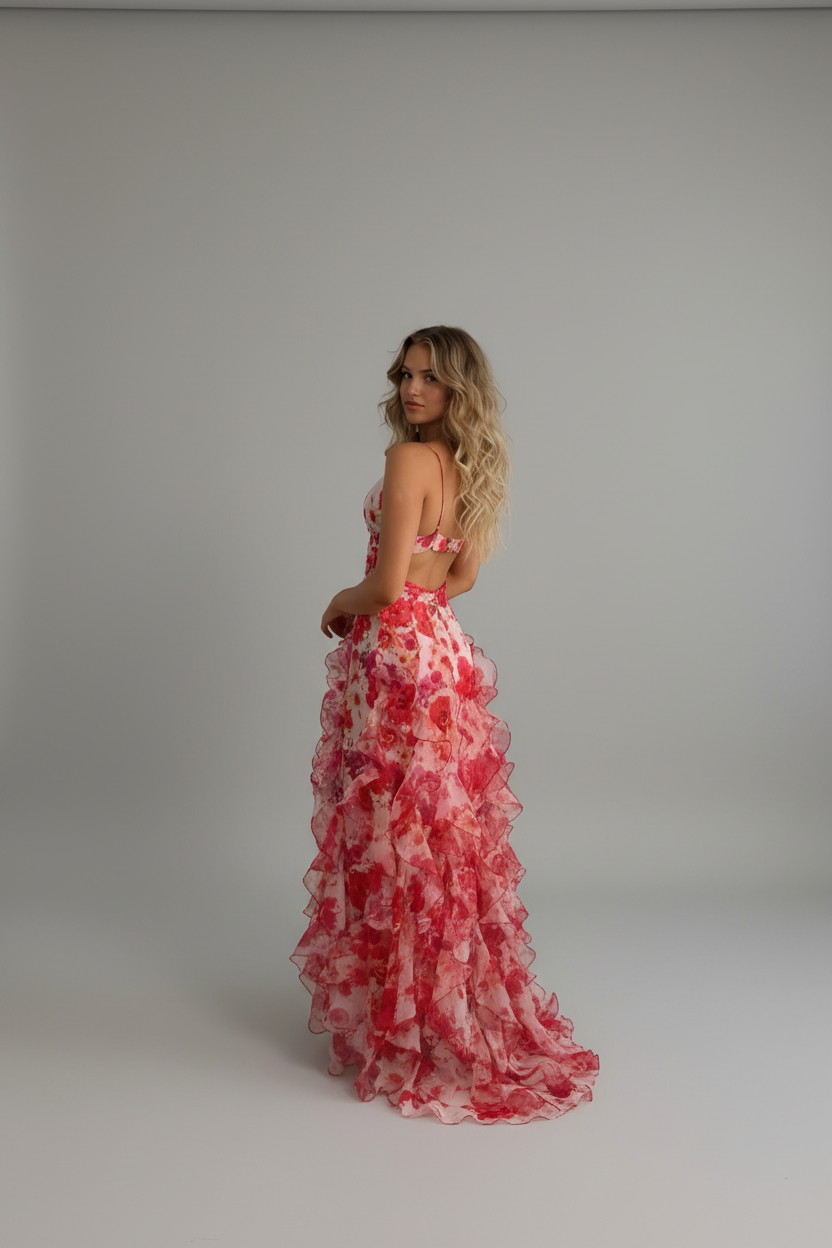 Floral Spaghetti Strap Ruffle Maxi Dress Prom 2