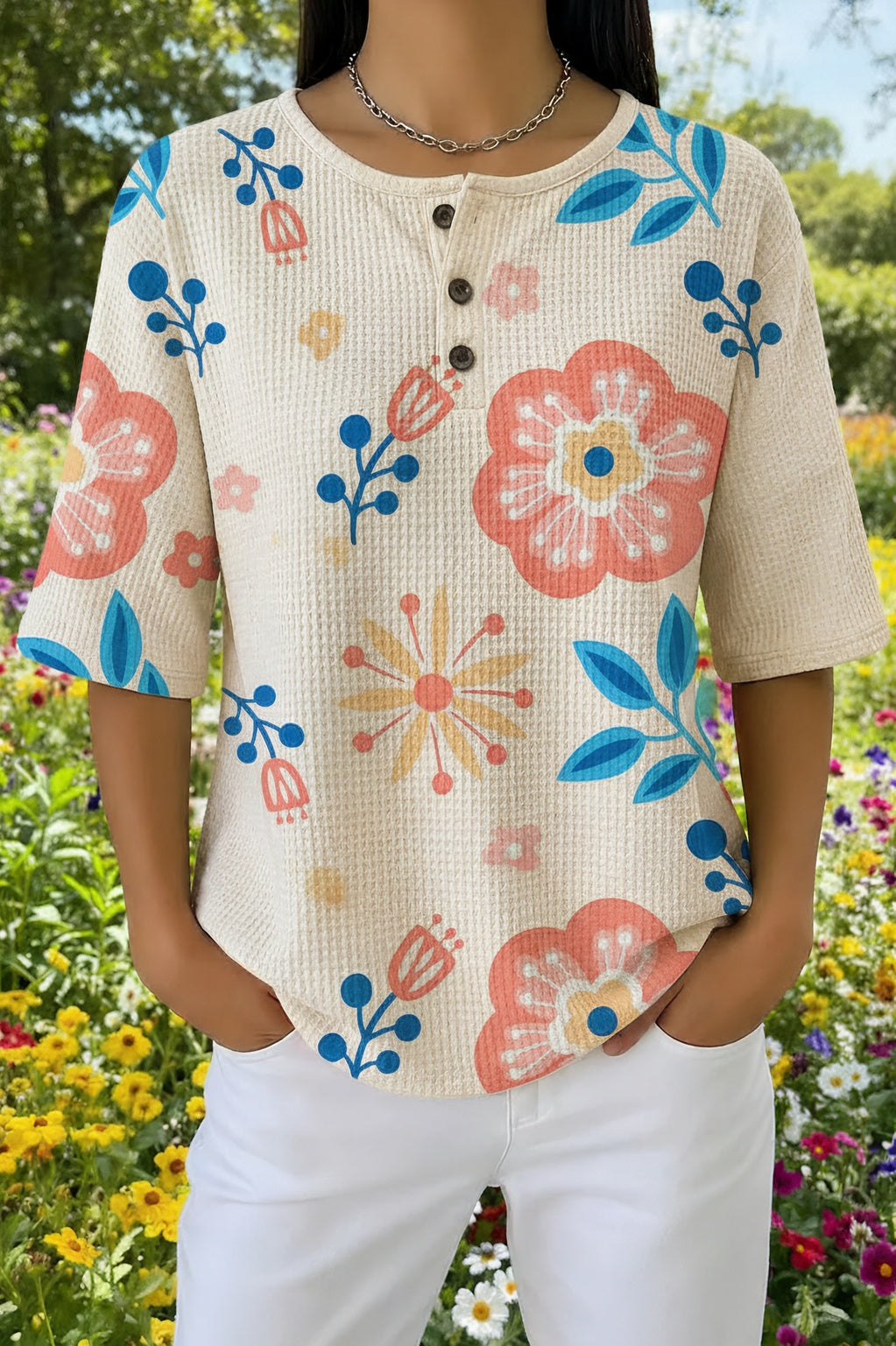 Womens Cream Floral Print Casual Henley Shirt