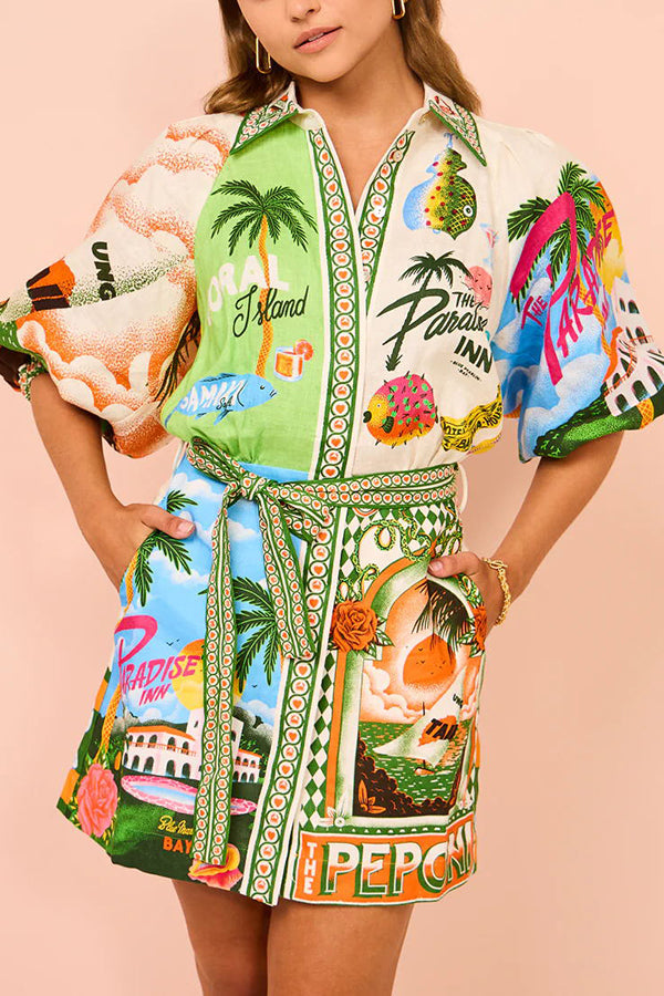 Scenic Print Puff Sleeve Shirt and Belted Mini Skirt Two Piece Set