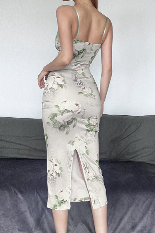 Floral Satin Spaghetti Strap Lace Trim Ruched Midi Dress