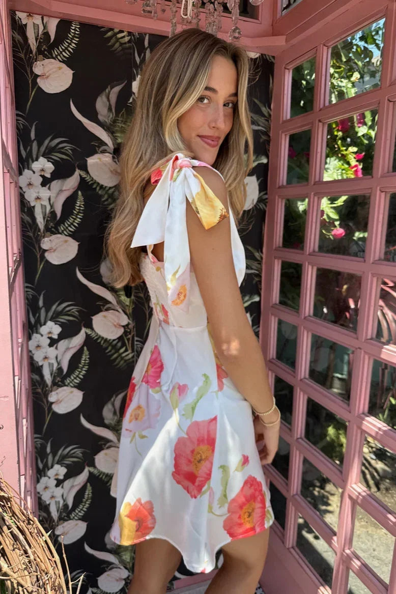 Floral Print Satin V-Neck Tie Shoulder Empire Waist Mini Dress 4