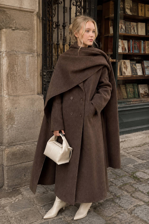 Double Breasted Scarf Neck Longline Wool Look Overcoat